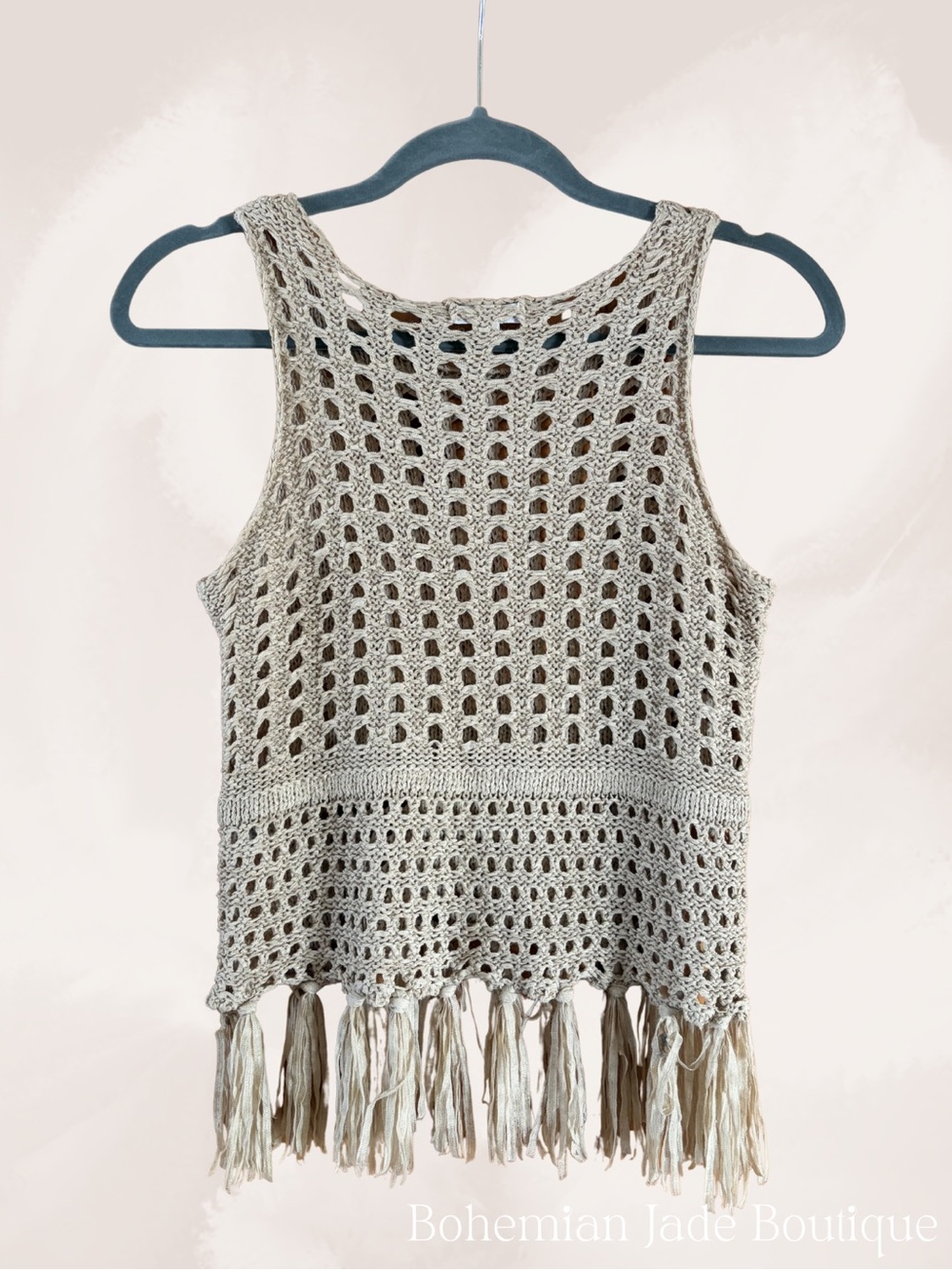 Blu Pepper Crochet Fringe Tank Top Women’s Small Beige Boho Open Knit - Picture 3 of 6